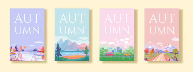 A collection of four vector posters, each featuring a different autumn-themed landscape. The posters display scenes of nature with trees, mountains, and roads, using a flat design style and soft color