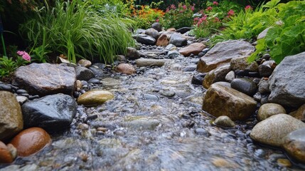 Stream in Seattle garden has rocks