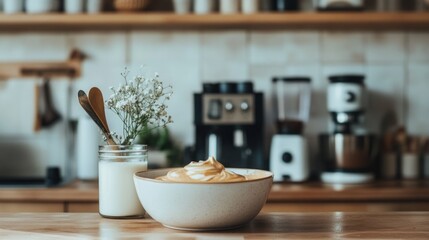 A chic kitchen setting with a bowl of frothy Dalgona coffee mixture, ready to be whipped up and served over a glass of milk