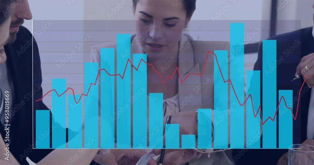 Poster Business meeting with bar and line graph data animation over participants