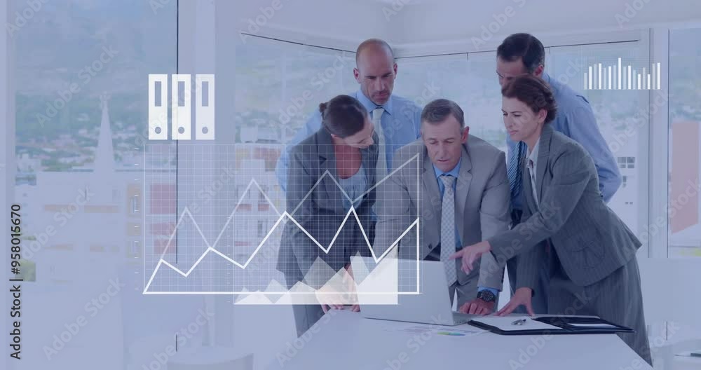Aufkleber business team analyzing documents with financial data chart animation over them