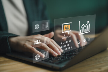 Digital online marketing commerce sale concept, Businessman use laptop with advertising on website. Planning advertising marketing strategies to target social media native, ad, advertisers, sales.