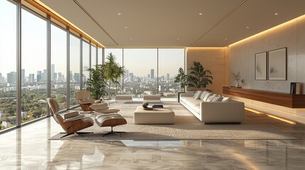 Fototapeta premium Modern living room with panoramic city views and sleek furniture bathed in natural light