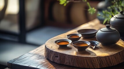 Obraz premium Zoomed-in tea table on tea background