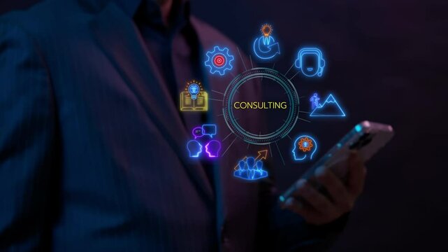 Businessman holding smartphone to show neon line banner of consulting concept with icons of goals, expert, knowledge, advice, experience, support, potential and success.