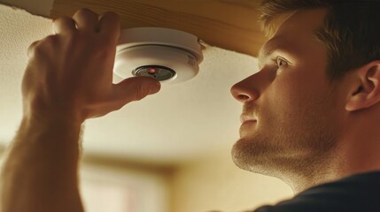 A close-up of a home safety inspection, focusing on the inspector checking smoke detectors and other safety devices in a residential property