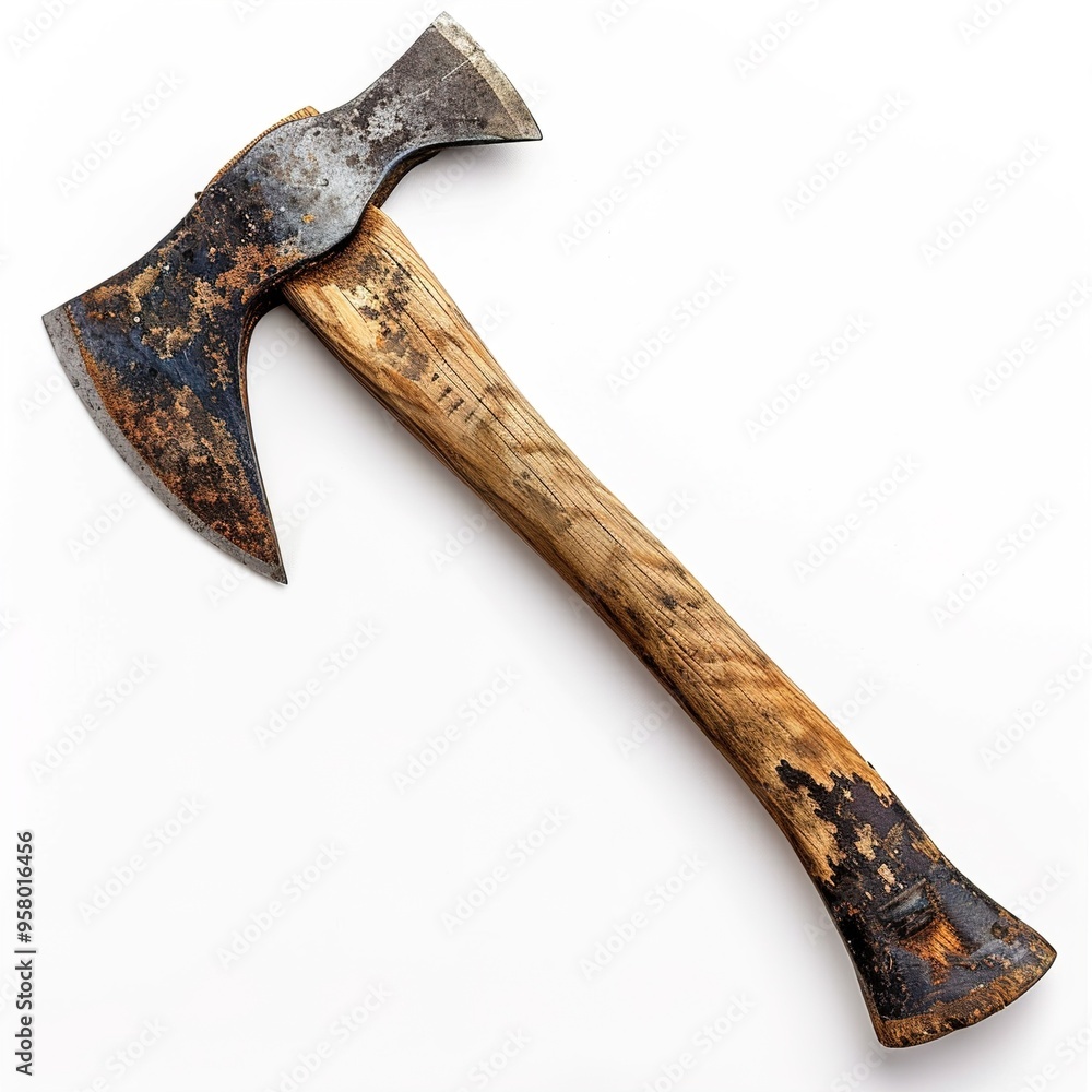 Wall mural a weathered old axe with a wooden handle placed on a white background isolated on white