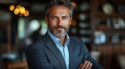 Naklejka premium Confident businessman in a stylish blazer posing with crossed arms in a modern cafe