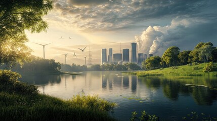 Naklejka premium A concept image of a sustainable power plant with green technology, natural surroundings,