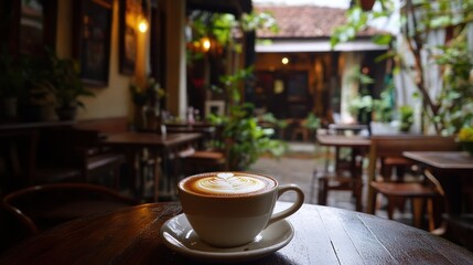 Fototapeta premium A cozy cafe in Hanoi serving Vietnamese egg coffee, with a rich, creamy layer on top and a warm, inviting atmosphere