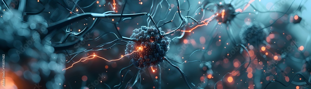 Poster artistic visualization of neural connections and synapses, showing the complexity and network of bra