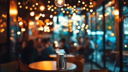 A cozy cafe with patrons enjoying relaxing music, soft warm lights, blurred background,