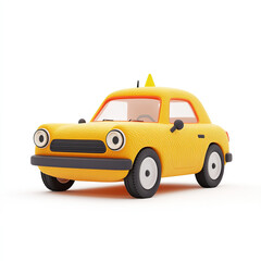 A cute, cartoon-style car with big eyes and a yellow taxi sign on top a white background