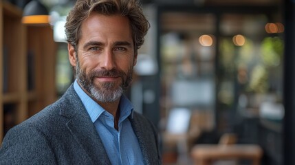 Obraz premium Confident man in a blazer smiling warmly in a modern coffee shop during the day
