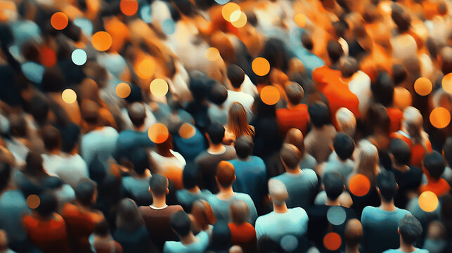 Large crowd of people viewed from above with colorful bokeh light effects, creating a dynamic and vibrant atmosphere with a sense of movement and anonymity.