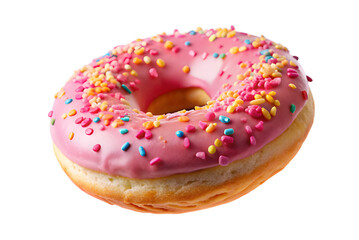 Flying donuts with pink icing and colorful sprinkles isolated 