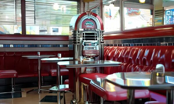 Diner booth with red vinyl seats and a chrome jukebox, Video