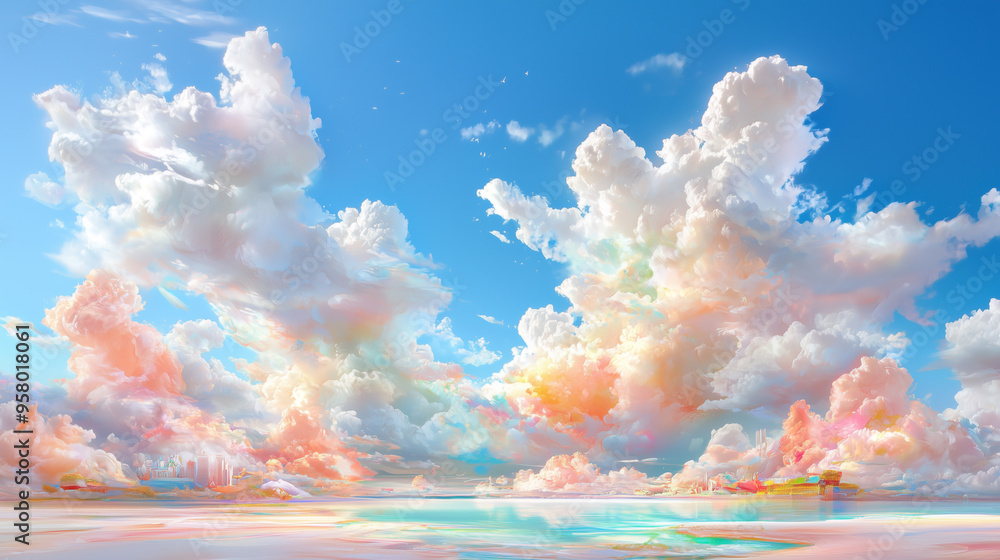 Poster soft, fluffy clouds with a pastel glow drift across a bright blue sky, creating a serene and dreamy 