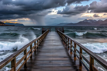 Obraz premium big waves hitting the bridge Wooden Pier Leading Into a Stormy Sea