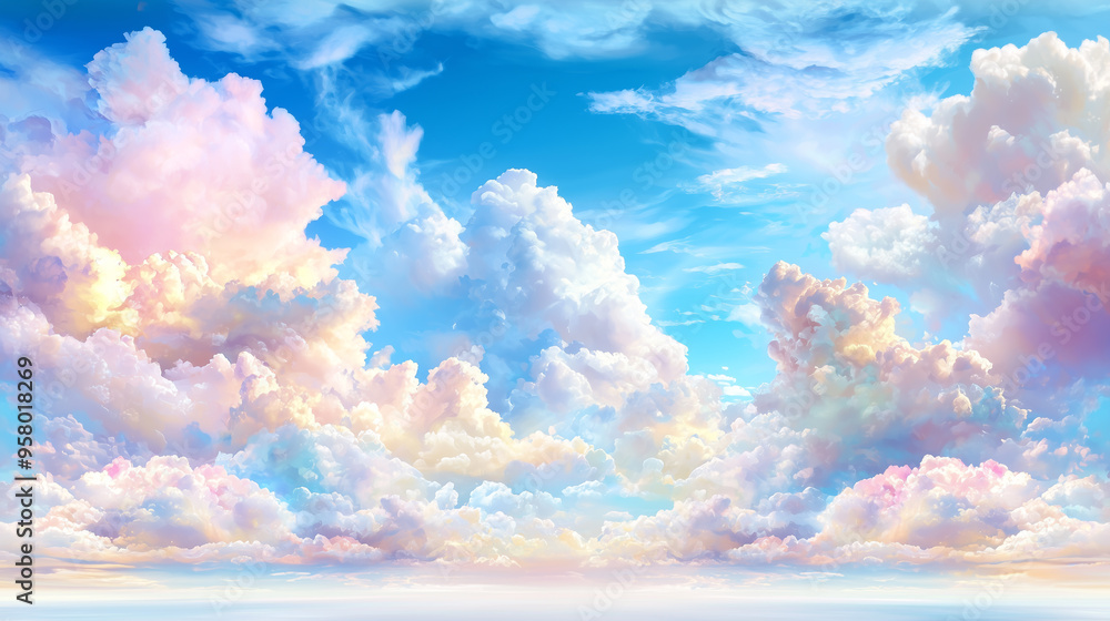 Poster soft, fluffy clouds with a pastel glow drift across a bright blue sky, creating a serene and dreamy 