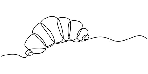 Continuous one line drawing of croissant for logo in minimalist style. Hand drawn french pastry line sketch for print, breakfast concept, Croissant, sweet dessert one line continuous drawing. Bakery