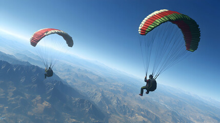 Two paragliders soar high above mountain ranges, enjoying breathtaking views under a clear blue sky.