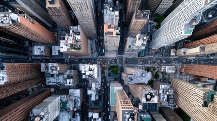 An aerial view of a city street with tall buildings, AI