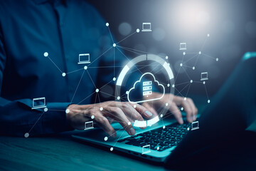 Man touching connect to data information on the Cloud Computing Technology Internet Storage Network...