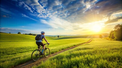 Obraz premium Cyclist amidst green field at sunny day 