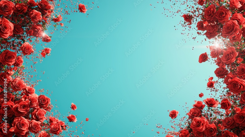 Poster symmetrical red roses flat design frame with minimal background space