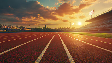Fototapeta premium Pristine Running Track in stadium on the evening with sunset