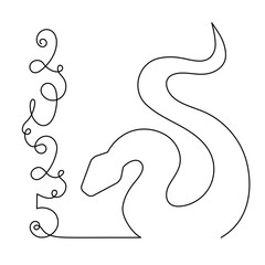 2025 year of snake one line art, hand drawn continuous contour.Holiday concept,festive New year chinese astrological horoscope, poisonous reptile serpent outline.Editable stroke.Isolated.Vector