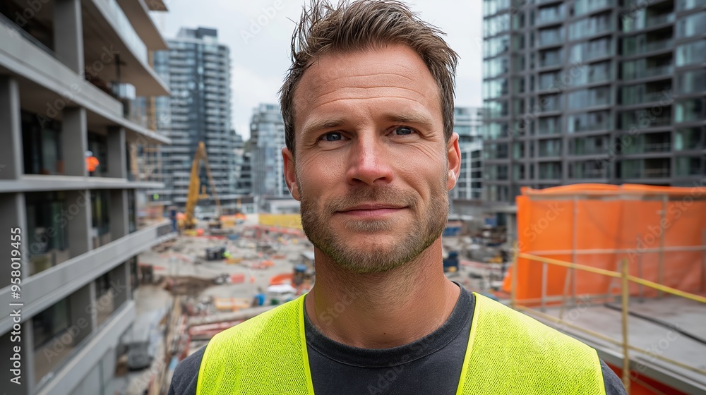 Canvas Prints a man in a yellow vest stands in front of a building. he is smiling and looking at the camera