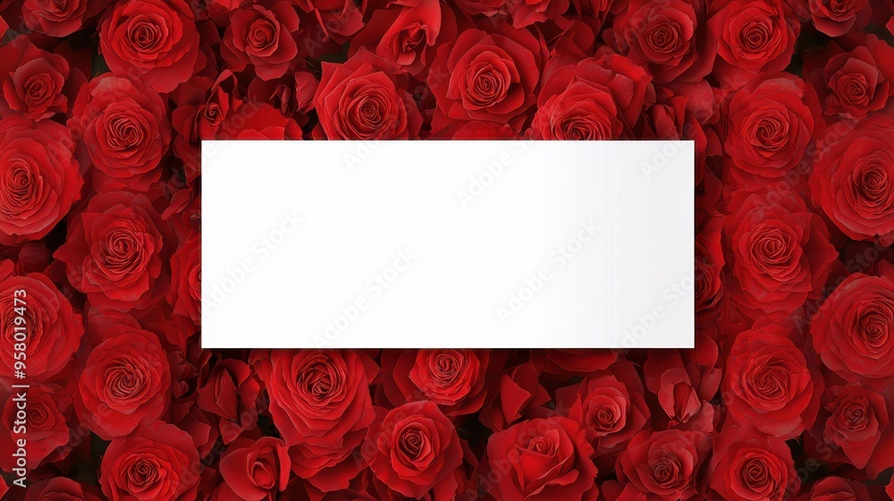 Poster graceful red rose border in symmetrical flat design encircling empty space with minimal background