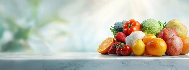  A clear background reveals a marble countertop bearing a neat stack of fruits and vegetables