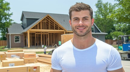 Fototapeta premium A man is smiling in front of a house that is under construction. The house is a large, two-story home with a slanted roof. The man is wearing a white shirt and he is happy