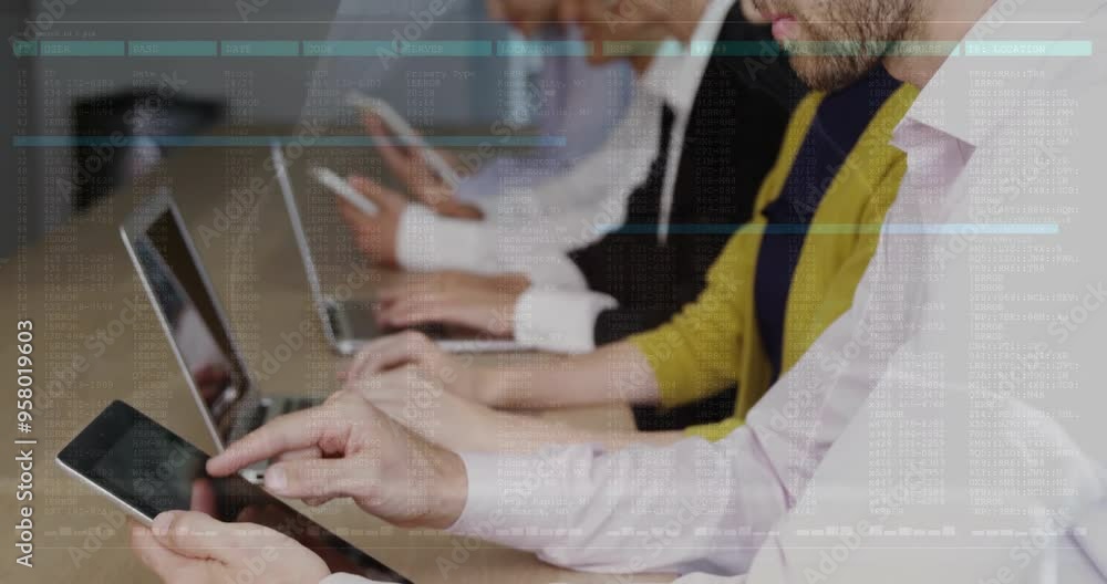 Poster typing on tablets and laptops, people working with data processing animation over them