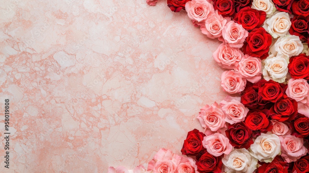 Poster elegant red roses flat design border with copy space | minimalistic floral arrangement background fo