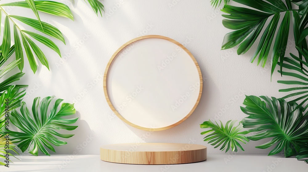 Sticker Tropical Minimalist Product Display with Wooden Podium and Green Foliage.