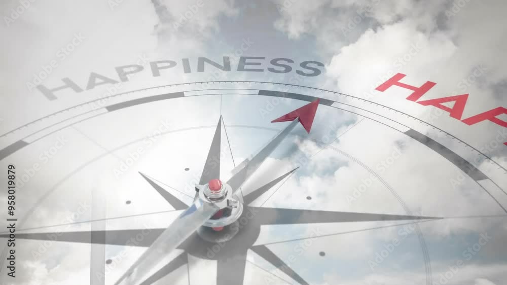 Poster compass pointing towards happiness animation over cloudy sky background