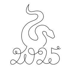 2025 year of snake one line art, hand drawn continuous contour.Holiday concept,festive New year chinese astrological horoscope, poisonous reptile serpent outline.Editable stroke.Isolated.Vector