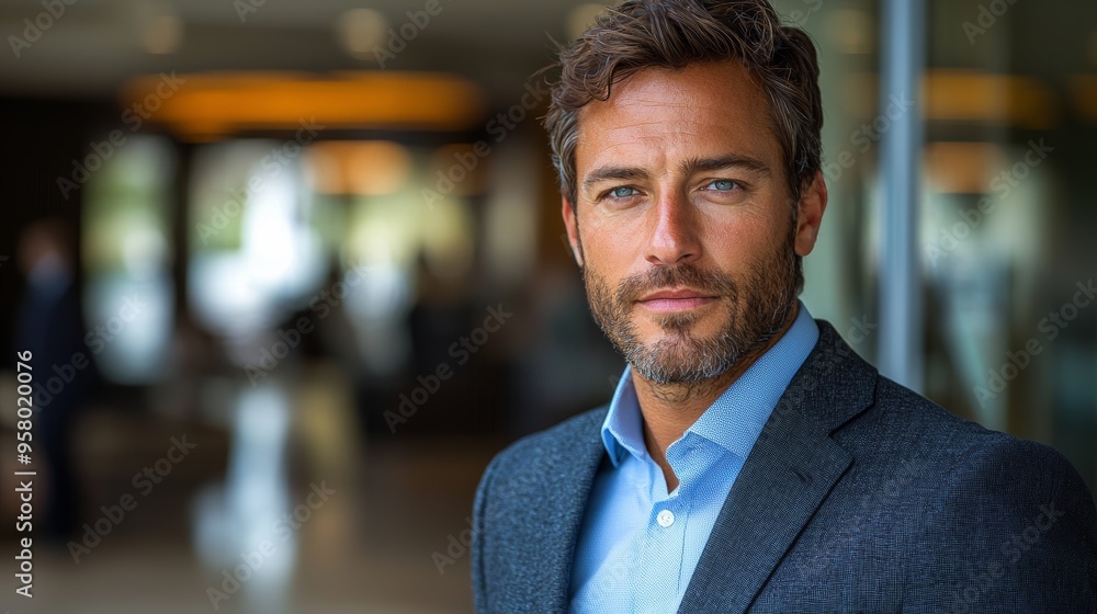 Poster young man in a smart suit stands confidently in a modern lobby during a networking event, smiling at