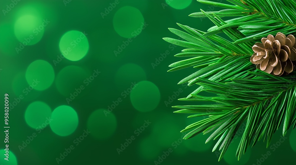 Poster a green leafy tree branch with a pine cone on it. the pine cone is surrounded by a blurry background
