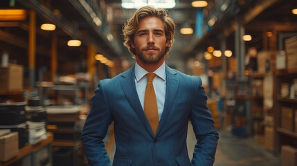 Fototapeta premium Confident man in a blue suit standing in a bustling warehouse filled with boxes during daytime in an urban setting