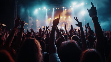 Lively crowd at a concert with raised hands and colorful stage lights in the background, depicting...