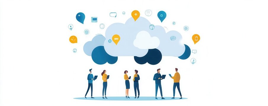 A diverse group of professionals discussing ideas under a cloud of digital symbols, representing cloud computing and connectivity.
