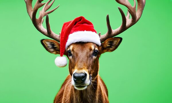 A deer with a red hat on its head. The deer is standing on a green background