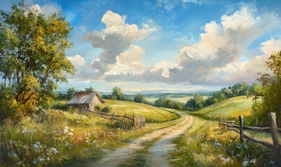 Oil painting depicting a rural landscape with serene natural scenery