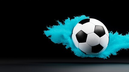 Fototapeta premium A soccer ball is floating in a blue smoke. Smoke is thick and dense, giving the impression of a foggy, hazy atmosphere. Soccer ball with a trail as if it were blue quantum dots on a black background