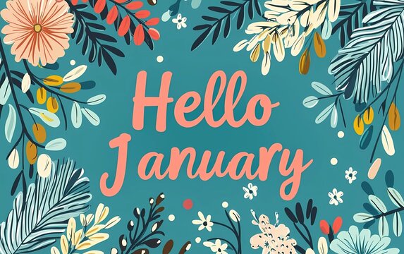 "Hello January" vector with flowers and leaves. Floral decoration. January illustration
